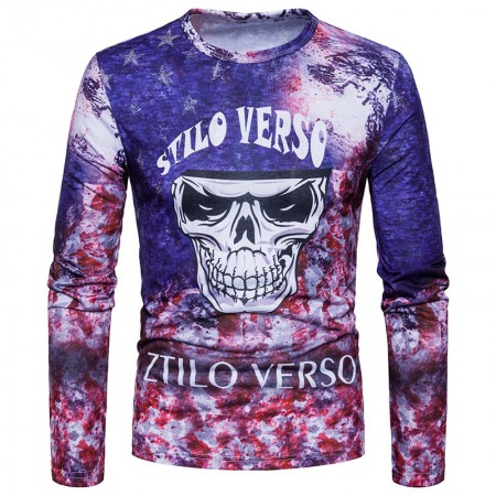 Fashion Men's Casual Long Sleeve Slim Skull Digital Print T-Shirt Hot Sale