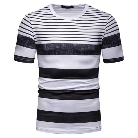 New Summer Men's Short-Sleeved T-Shirt Men's Contrast Striped Slim Casual T-Shirt