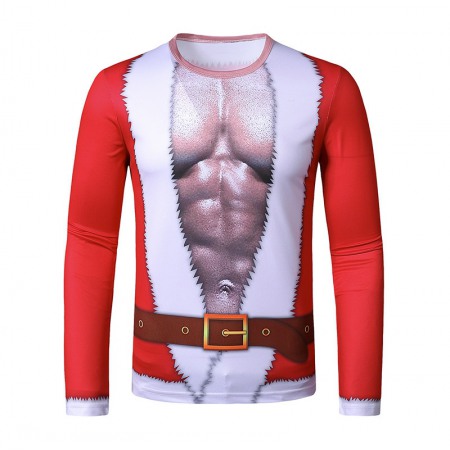 New Men's Round Neck 3D Santa Claus Costume Printing Long-Sleeved T-Shirt