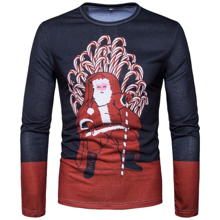 Autumn and Winter New Men's Fashion Santa Claus Hand-Held Color Stick Printing 3D Long-Sleeved T-Shirt