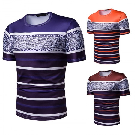 New Summer Men's Short-Sleeved T-Shirt Men's Contrast Striped Slim Casual T-Shirt