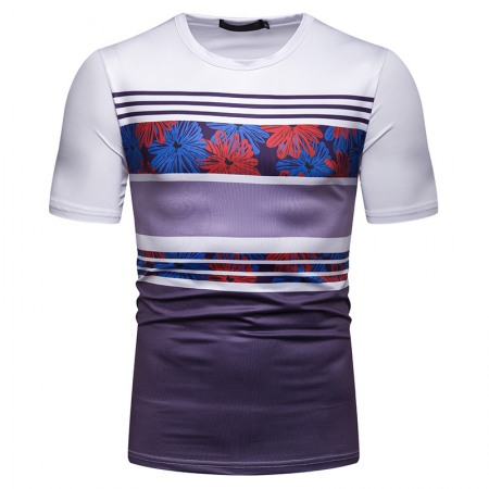 New Summer Men's Short-Sleeved T-Shirt Mens Contrast Striped Slim Casual T-Shirt