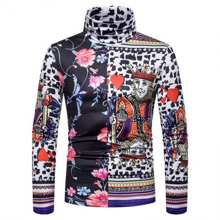 New Men's Large Size 3D Retro Playing Cards Floral Print High Neck Long Sleeve T-Shirt Bottoming Shirt