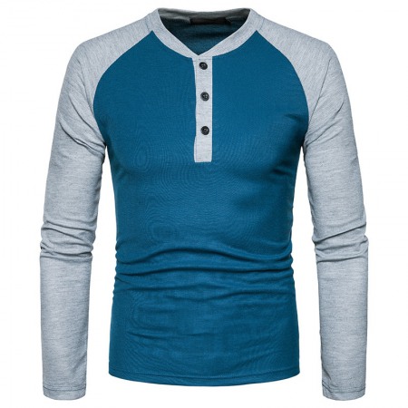 Men's Henry Collar Color Matching Long-Sleeved Plus Size T-Shirt