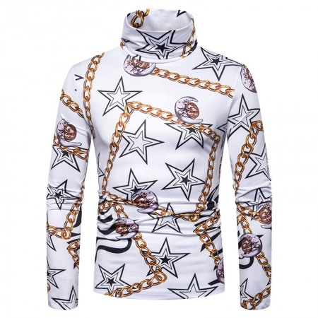 New Men's Large Size 3D Star Chain Print High Neck Long Sleeve T-Shirt Bottoming Shirt